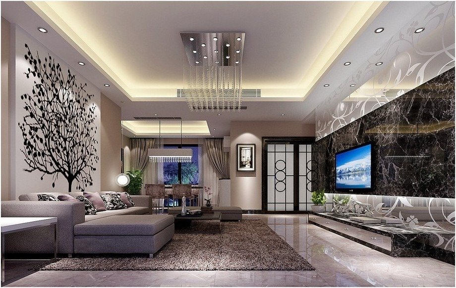 trần thạch cao phòng khách kết hợp đèn LED