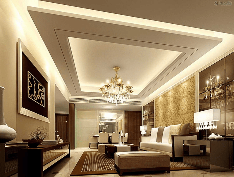 Thiết kế trần thạch cao hình chữ nhật cho phòng khách hiện đại