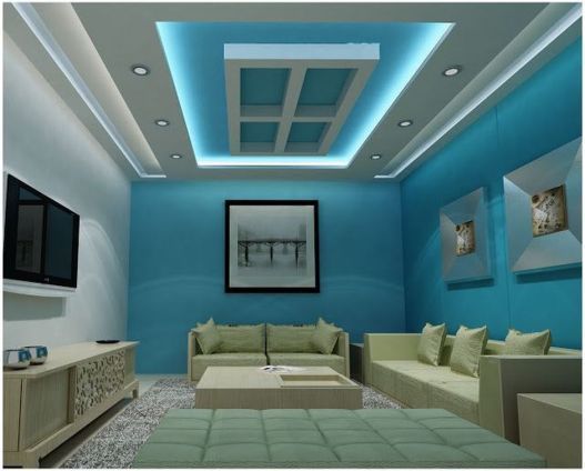 Trần thạch cao màu xanh dương tạo cảm giác dễ chịu, tươi mát cho phòng khách