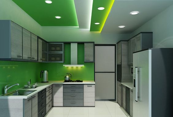 Trần thạch cao phòng bếp đẹp màu xanh lá dịu nhẹ (Nguồn: Sưu tầm)
