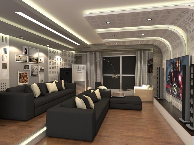 Mẫu trần thạch cao phòng khách phối hợp với nội thất trắng - đen