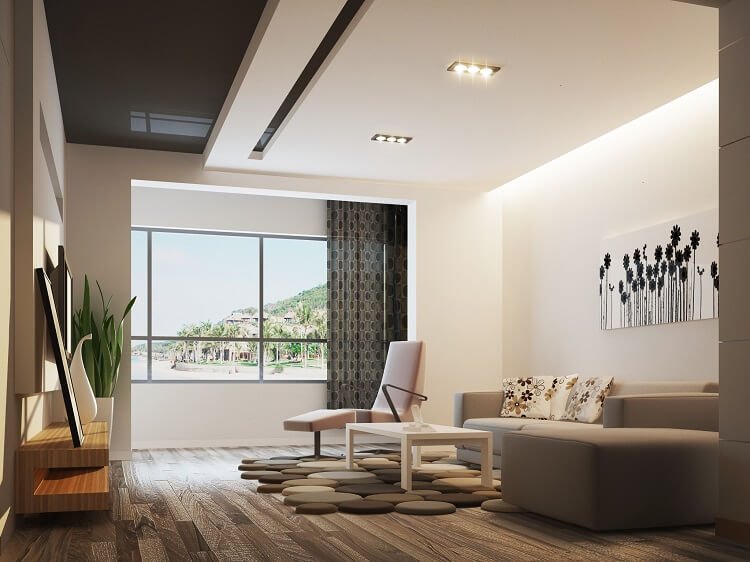 Mẫu trần thạch cao đơn giản cho phòng khách, kết hợp cùng nội thất tone màu be