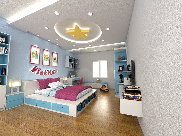 Trần thạch cao phòng ngủ trẻ em họa tiết sao vàng kết hợp đèn led trang trí bắt mắt