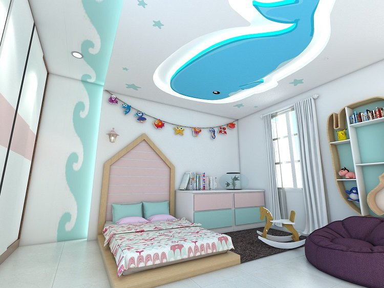 Mẫu trần thạch cao phòng ngủ đẹp họa tiết cá voi xanh cho trẻ em