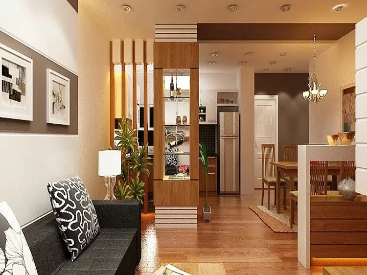 Mẫu trần thạch cao phòng khách 25m2, thiết kế liền bếp với nội thất gỗ ấm cúng