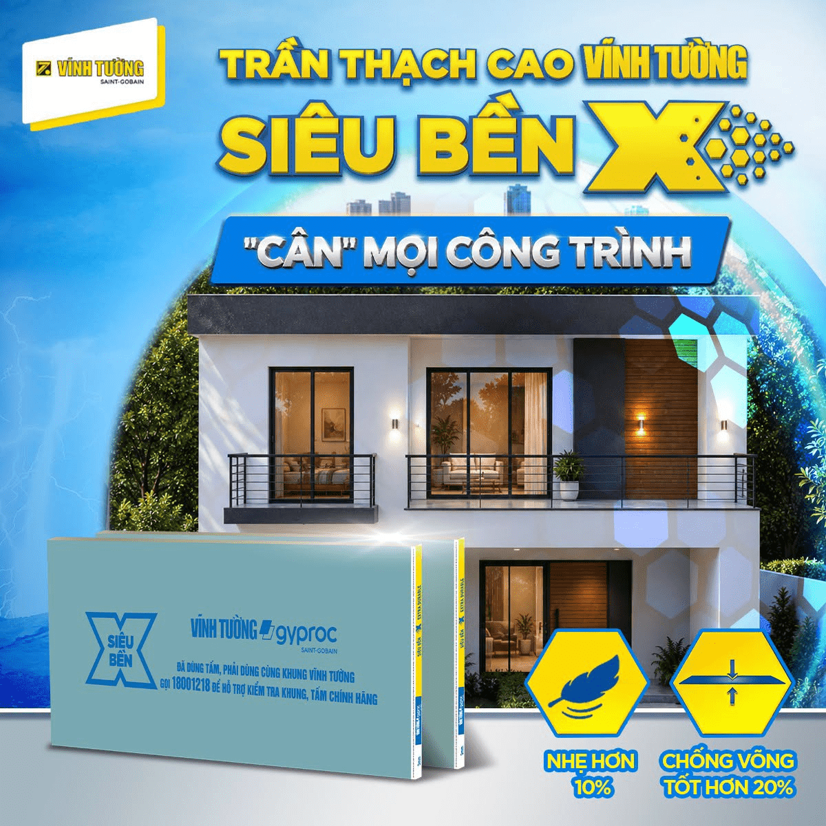 Tấm thạch cao Vĩnh Tường Siêu Bền X cho không gian thẩm mỹ, an toàn