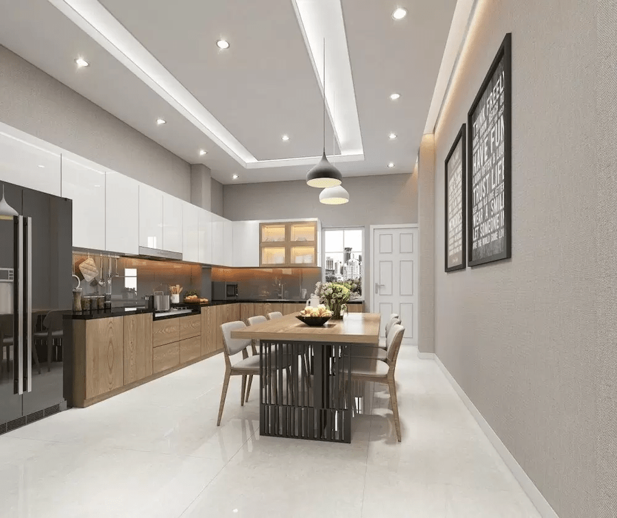 Trang trí bếp với nội thất sang trọng và trần giật cấp hở