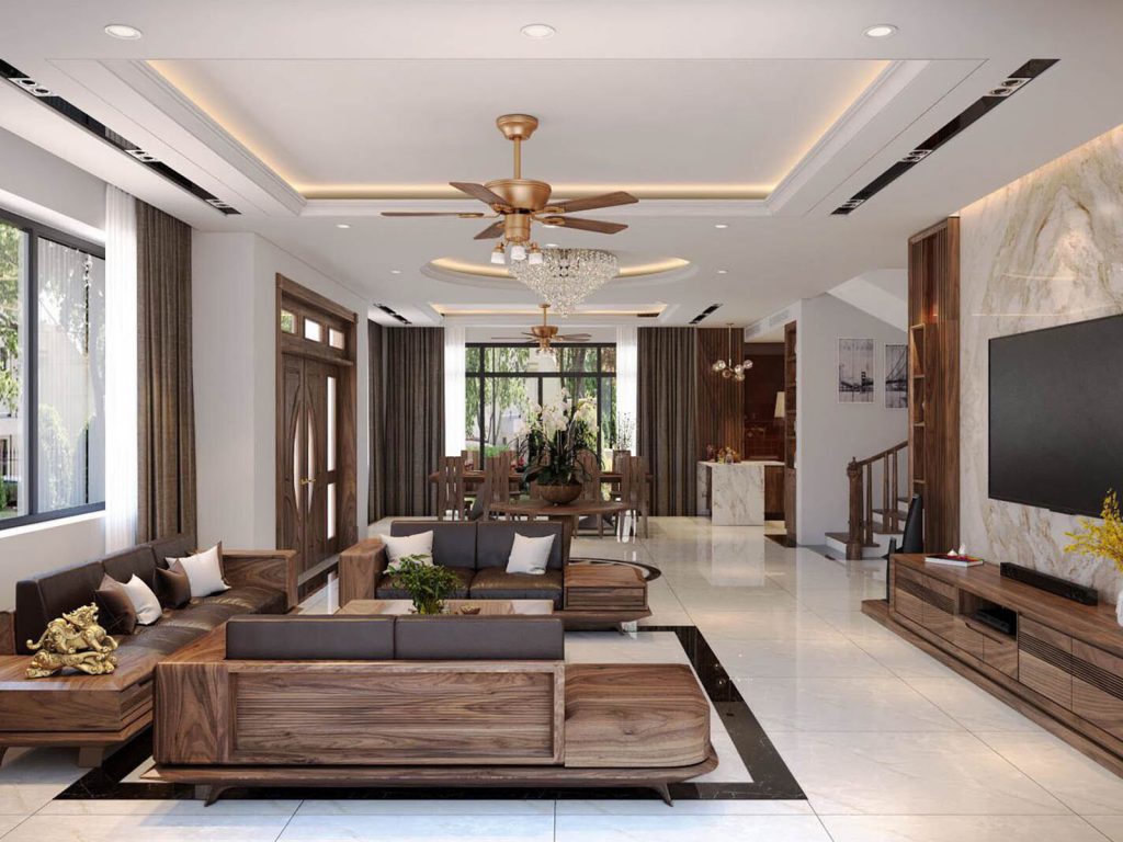 Mẫu trần thạch cao phòng khách có quạt trần
