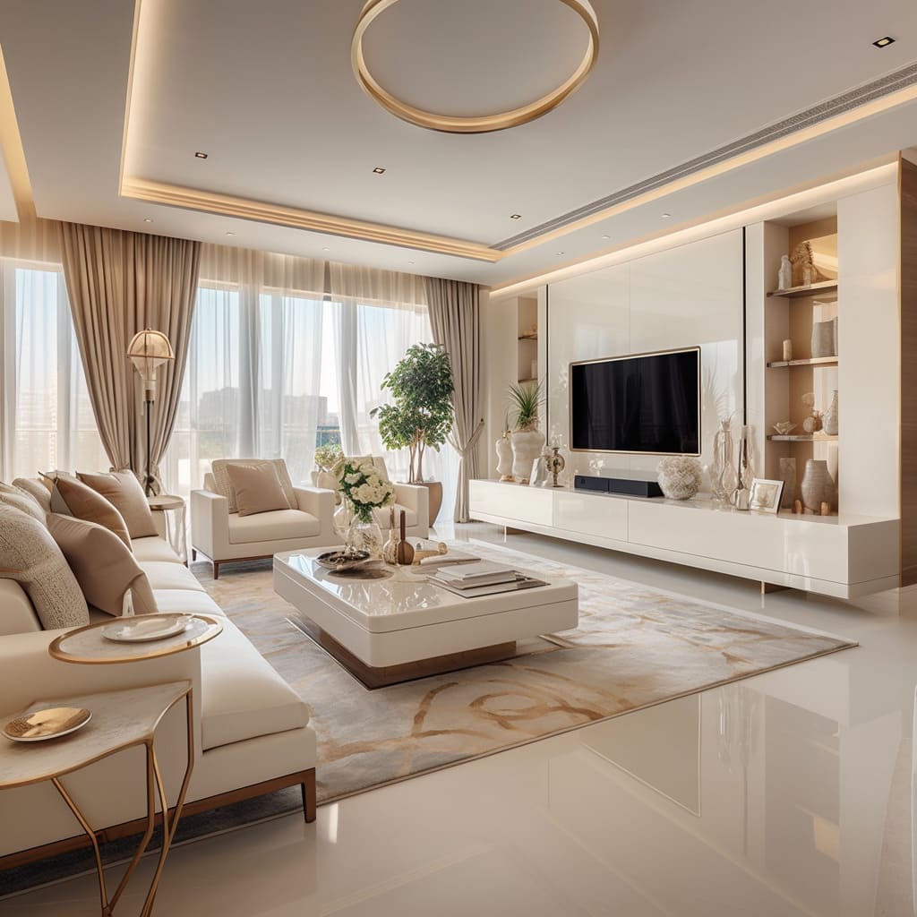 Phòng khách sử dụng gam màu be cùng nội thất tinh tế, sang trọng