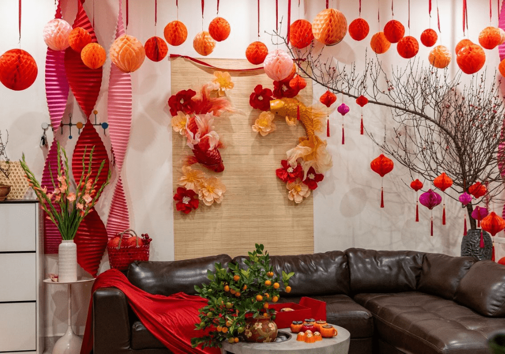 Trang trí phòng khách đón tết bằng thảm trải sàn