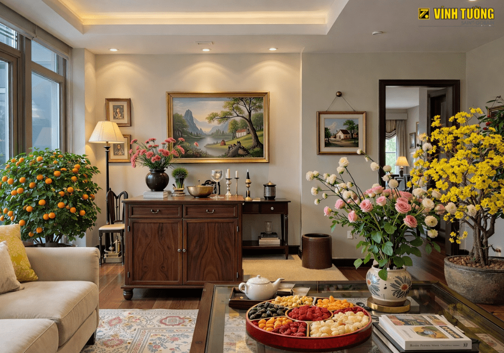 Trang trí phòng khách ngày tết với hoa tươi