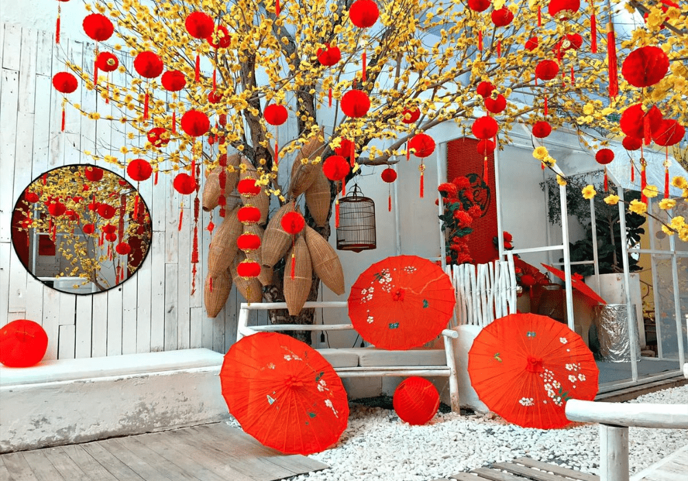 trang trí tết bằng đèn lồng đỏ