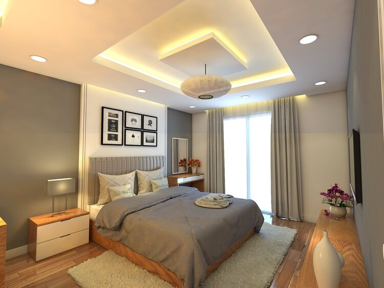 trang trí trần phòng ngủ với hệ đèn và trần giật cấp