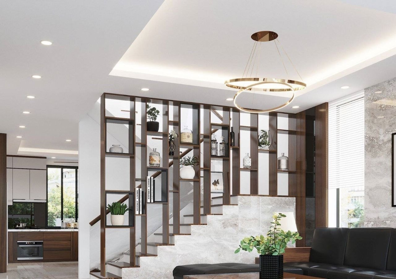 vách ngăn cầu thang tam cấp có kệ trưng bày