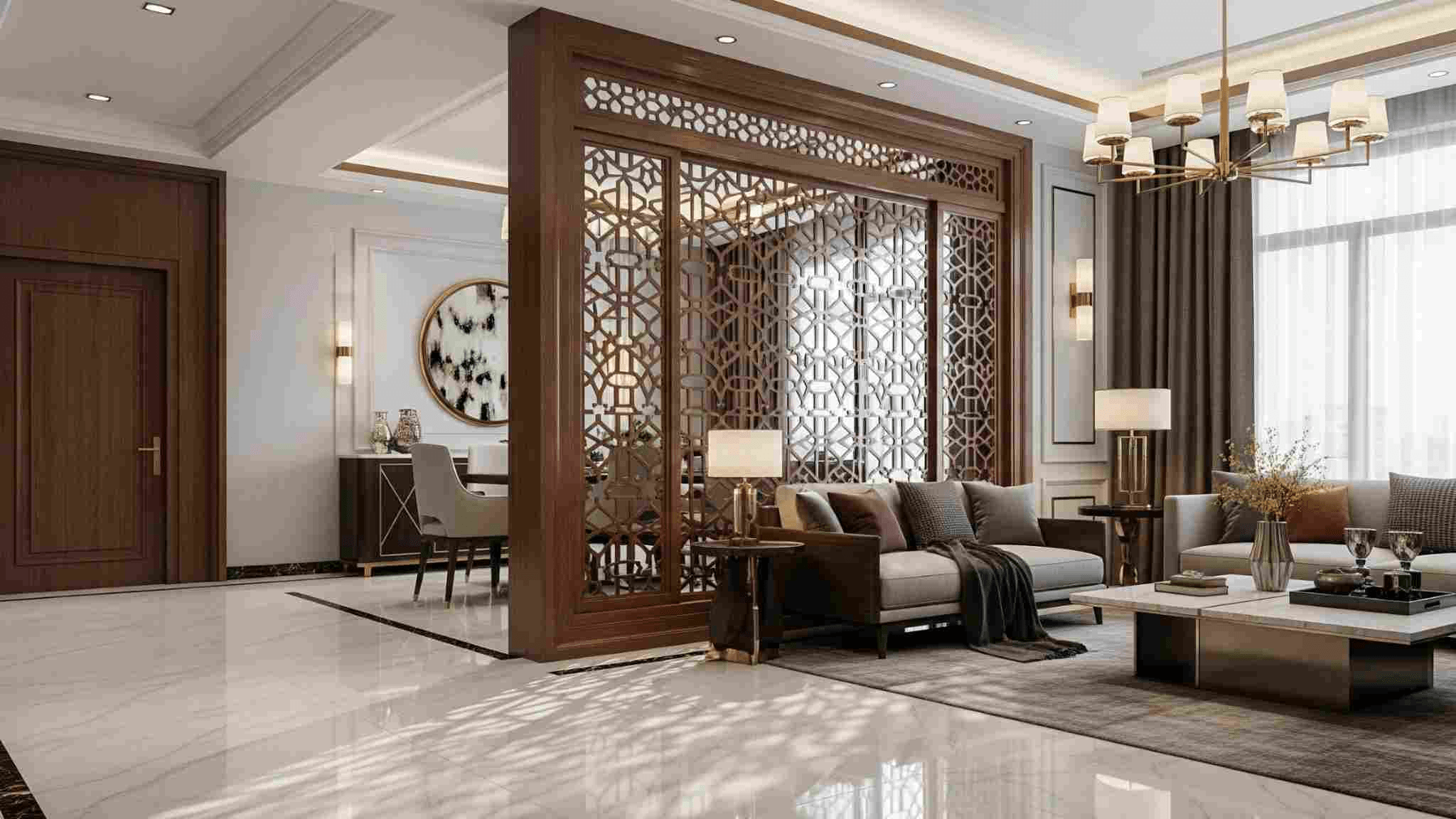 Vách ngăn gỗ công nghiệp giúp nâng tầm thẩm mỹ không gian phòng khách