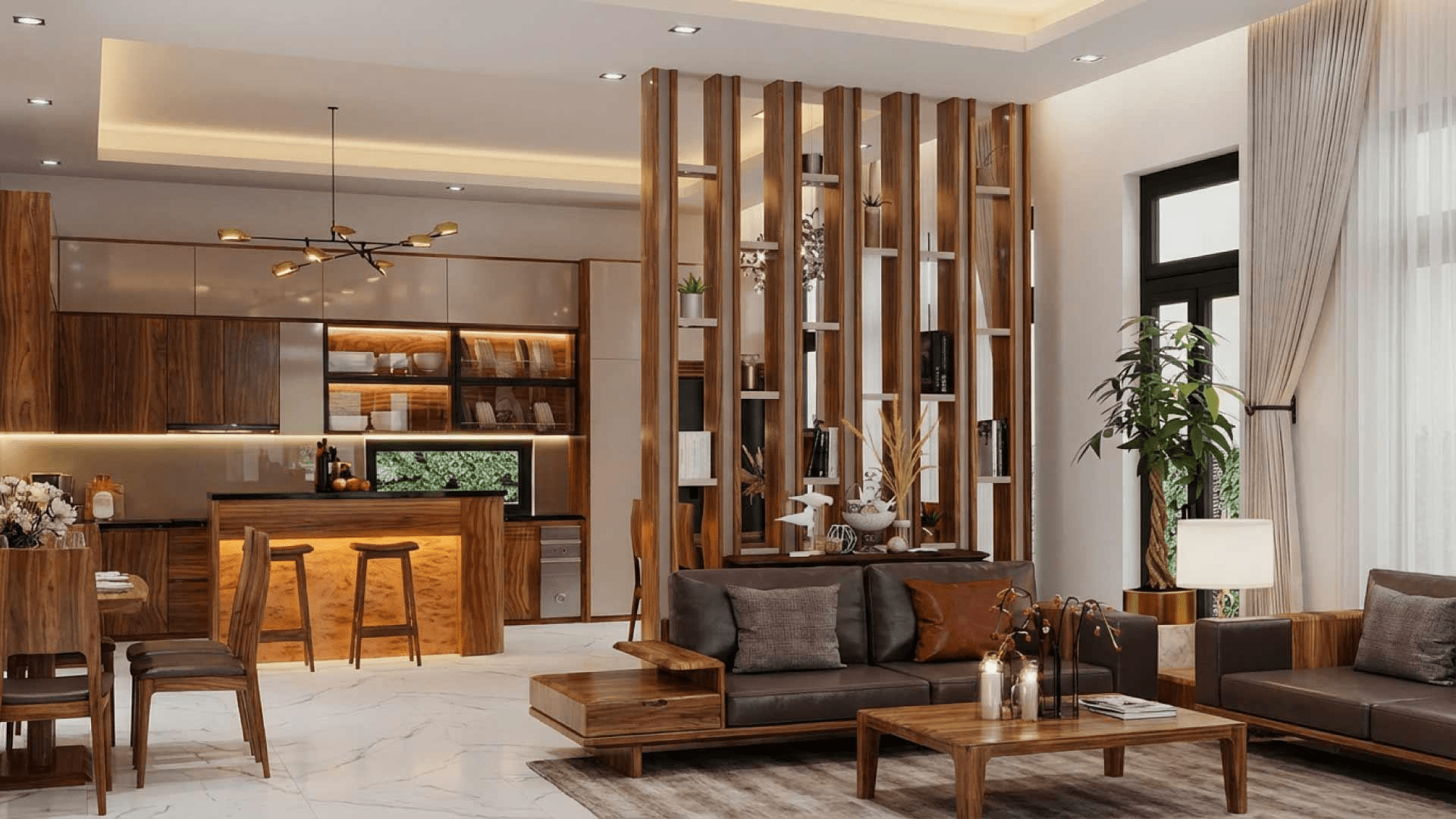 Vách ngăn gỗ kết hợp kệ trang trí giúp tận dụng diện tích lưu trữ