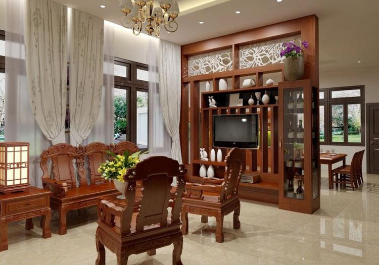 Mẫu vách ngăn phòng khách và bếp kết hợp kệ tivi, tủ đồ tuyệt đẹp và ấm cúng