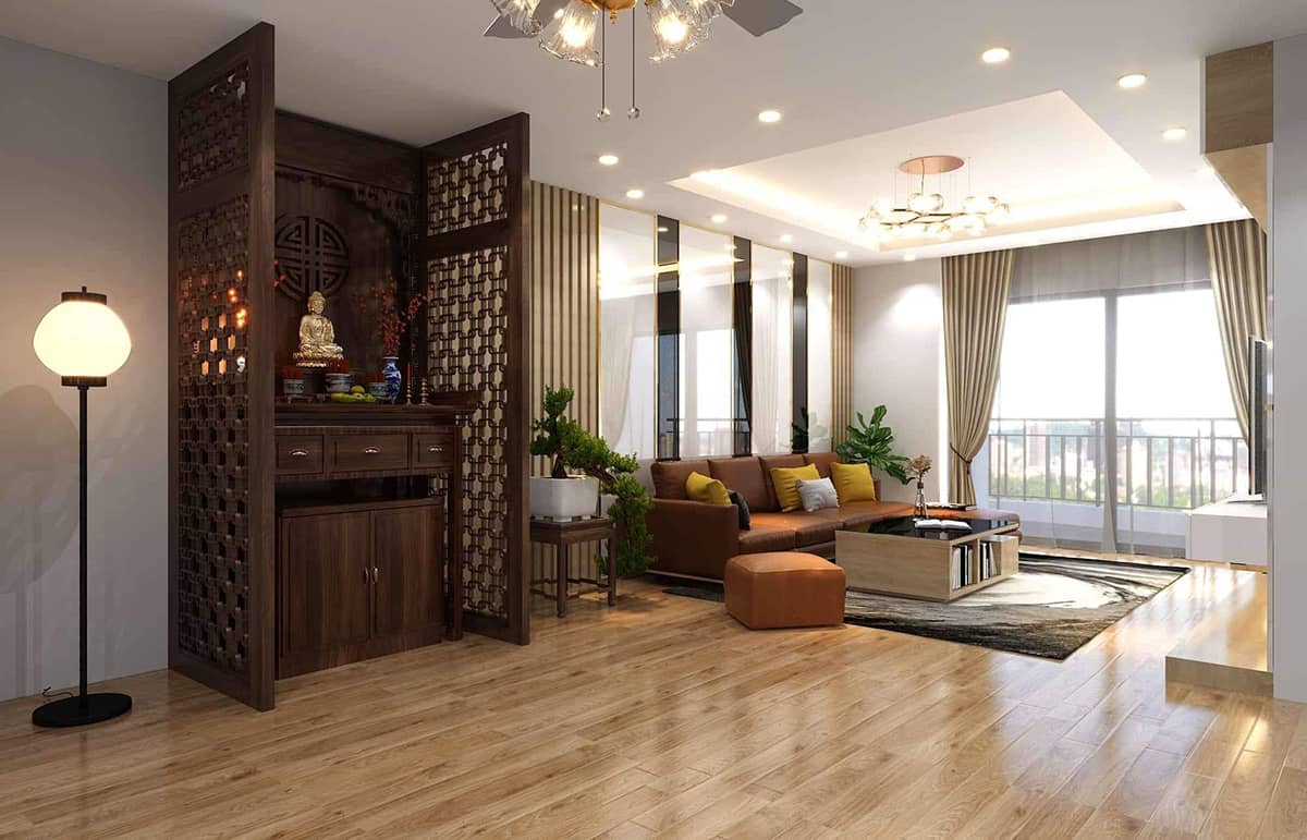 vách ngăn phòng khách bếp có bàn thờ 