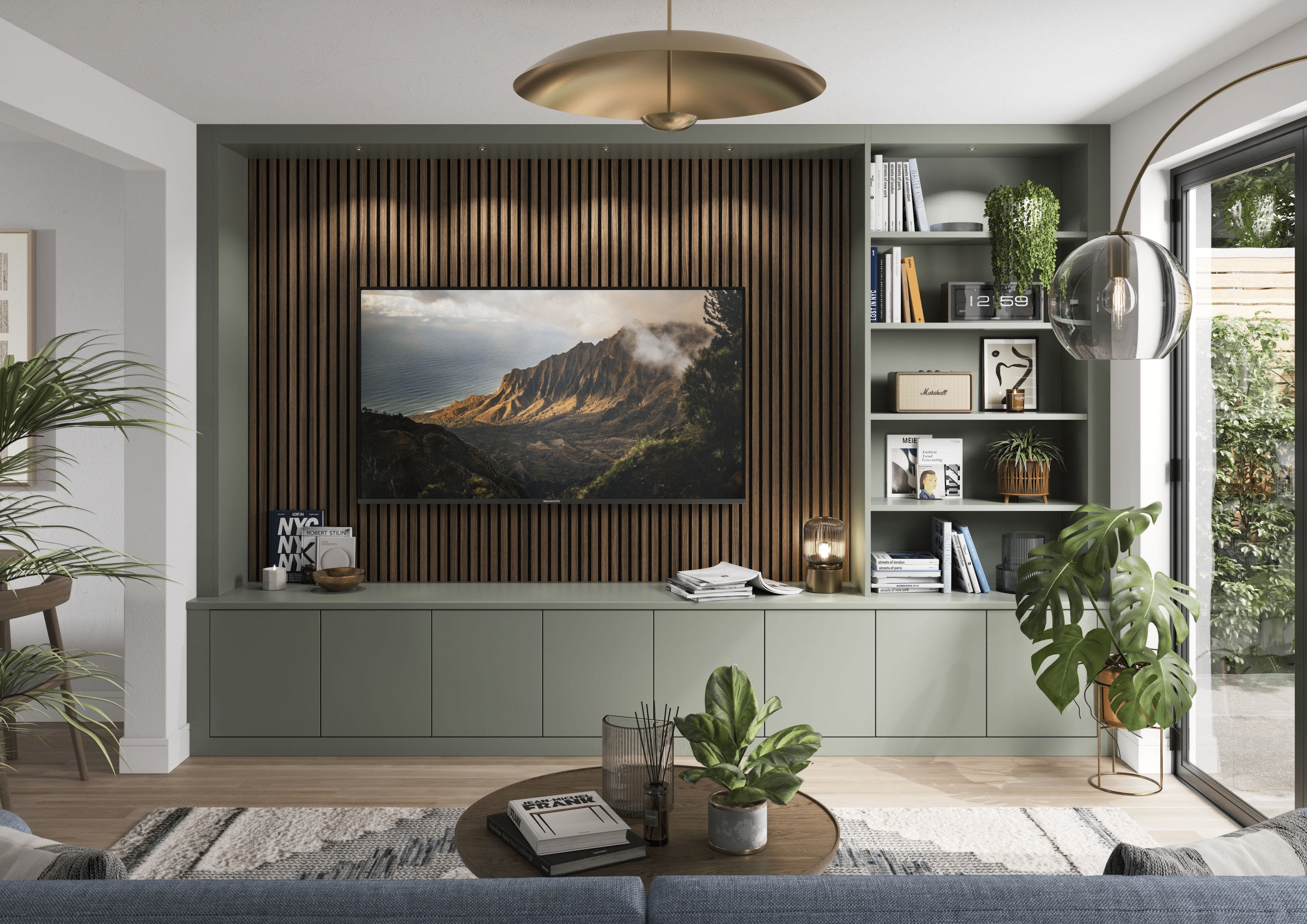 Vách tivi phòng khách gỗ có hệ tủ màu xanh 