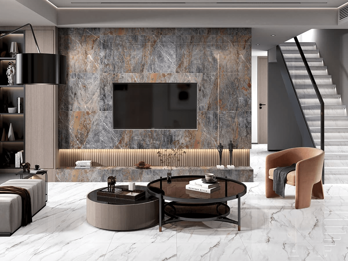 Vách tivi phòng khách dùng gạch granite