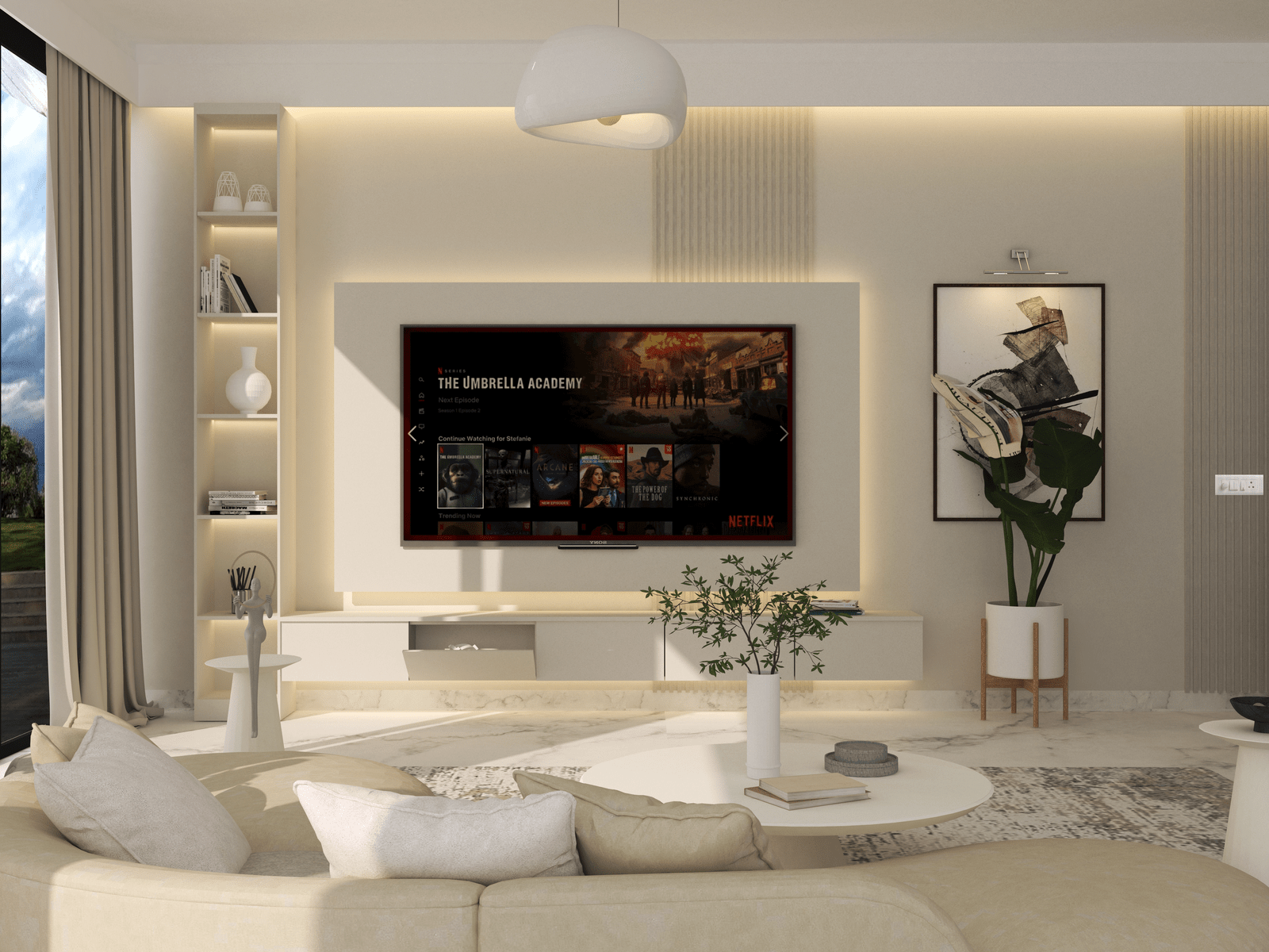 Vách tivi phòng khách dùng tường nổi bằng thạch cao