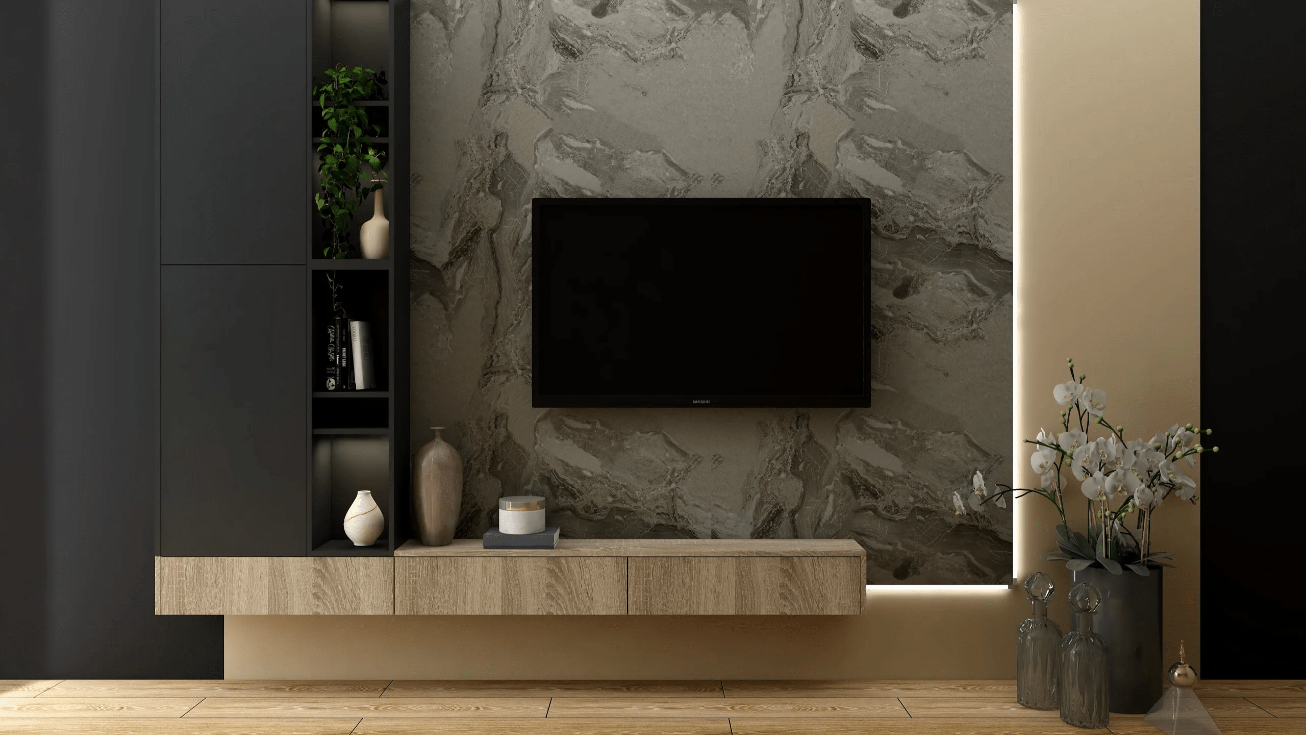 Vách tivi phòng khách dùng gạch có họa tiết độc đáo