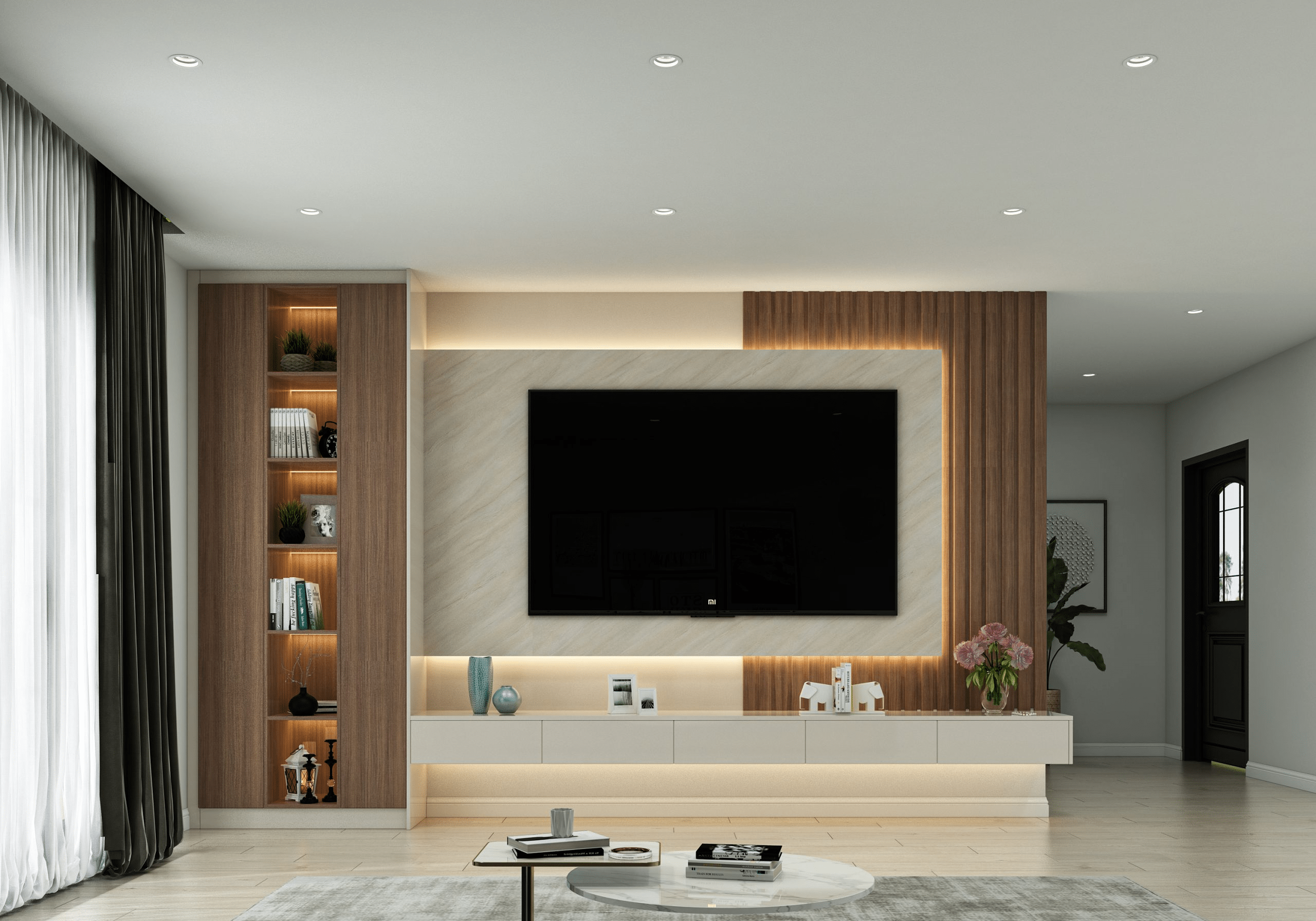 Vách tivi phòng khách dùng gạch giả đá vân mây và gỗ