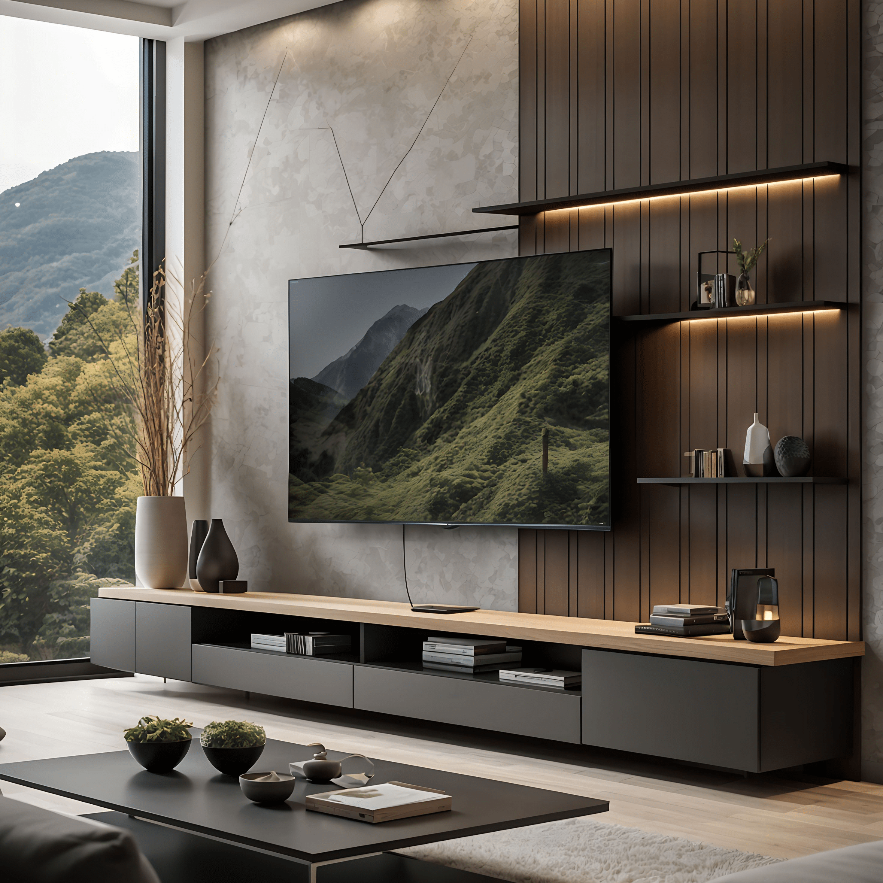 Phối màu vách tivi phòng khách hài hòa 