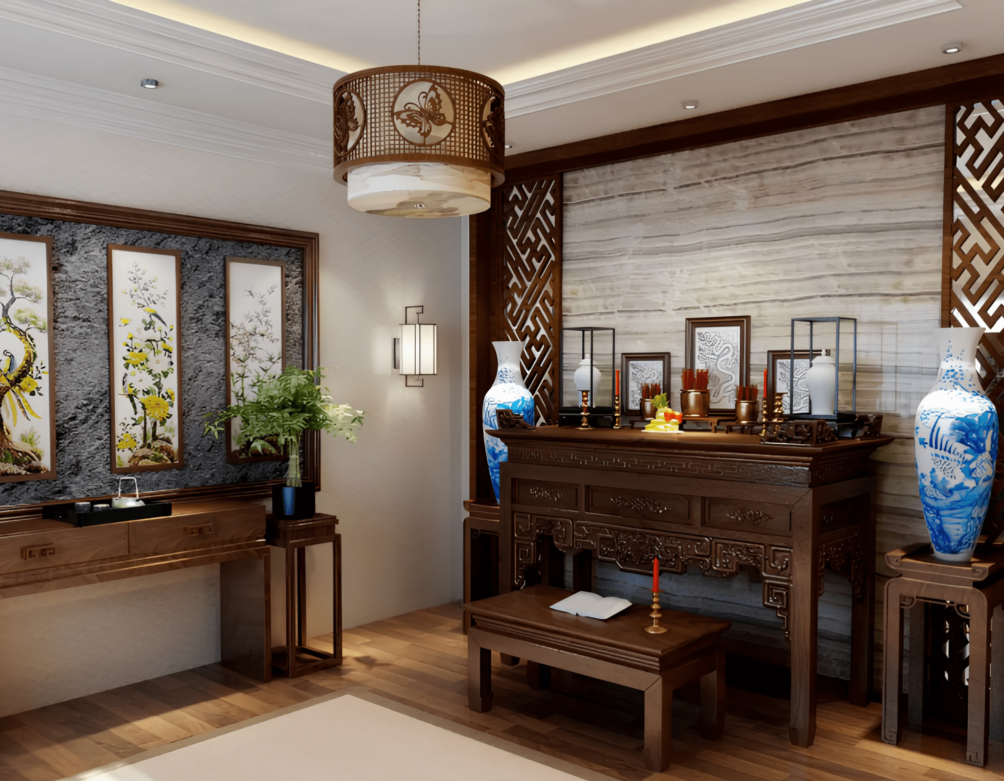 Với nhà có diện tích lớn, việc đặt bàn thờ cùng hướng tại vị trí riêng biệt giúp tăng sự tôn nghiêm